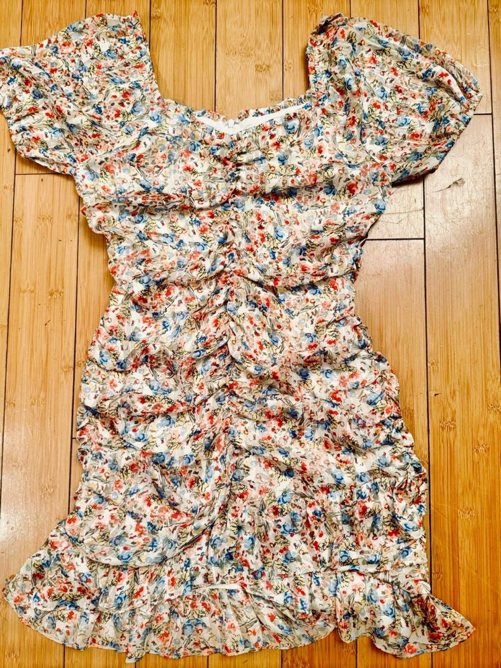 Sage The Label Floral Ruched Puff Sleeve Mini Dress Size L, new without tags